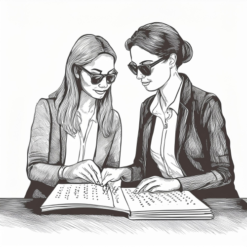 Dessin d'illustration d'une instructrice de braille en séance d'apprentissage du braille avec une personne aveugle.