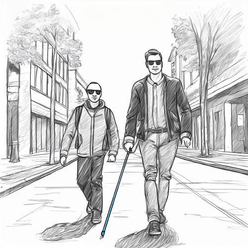 Dessin d'illustration d'un instructeur de locomotion en séance dans une rue avec une personne aveugle