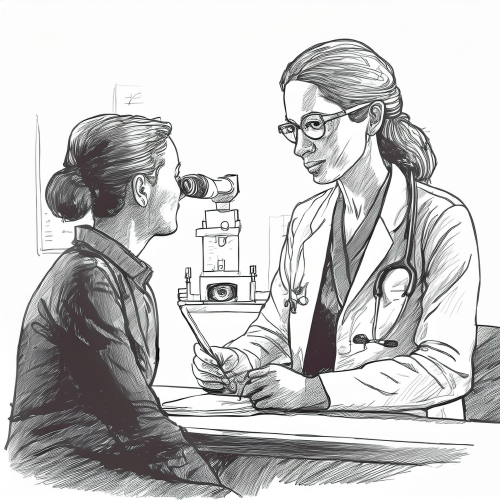 Dessin d'illustration d'une ophtalmologue en consultation